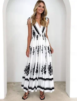 Hot Women's Maxi Dress Sundress A Line Dress Vacation Party Casual Party Daily Holiday Regular Fit Floral Graphic Tribal Sleeveless V Neck Black print Brown print Summer Women Casual Dress
