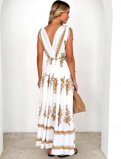 Hot Women's Maxi Dress Sundress A Line Dress Vacation Party Casual Party Daily Holiday Regular Fit Floral Graphic Tribal Sleeveless V Neck Black print Brown print Summer Women Casual Dress