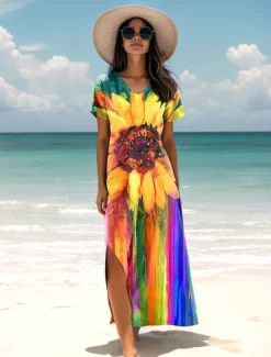 Online Women's Maxi Dress Sundress A Line Dress Summer Dress Vacation Casual Daily Regular Fit Ombre Floral Graphic Short Sleeve V Neck Summer Women Casual Dress|Sundresses