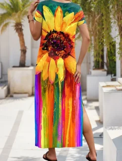 Online Women's Maxi Dress Sundress A Line Dress Summer Dress Vacation Casual Daily Regular Fit Ombre Floral Graphic Short Sleeve V Neck Summer Women Casual Dress|Sundresses