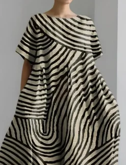Best Women's Maxi Dress Sundress A Line Dress Summer Dress Vacation Casual Beach Daily Holiday Going out Loose Fit Graphic Geometric Linen Like Short Sleeve Crew Neck Boat Neck Dark Brown Light Brown Women Casual Dress|Vacation Dresses