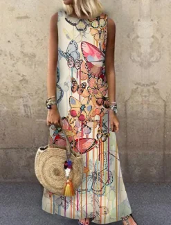 Clearance Women's Maxi Dress Sundress A Line Dress Summer Dress Casual Vacation Party Casual Loose Fit Animal Print Sleeveless Crew Neck Light Yellow Light Blue Yellow Red Summer Spring Women Sundresses