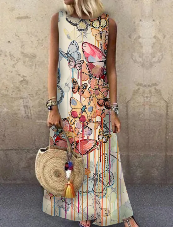 Clearance Women's Maxi Dress Sundress A Line Dress Summer Dress Casual Vacation Party Casual Loose Fit Animal Print Sleeveless Crew Neck Light Yellow Light Blue Yellow Red Summer Spring Women Sundresses