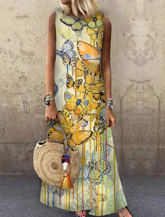 Clearance Women's Maxi Dress Sundress A Line Dress Summer Dress Casual Vacation Party Casual Loose Fit Animal Print Sleeveless Crew Neck Light Yellow Light Blue Yellow Red Summer Spring Women Sundresses