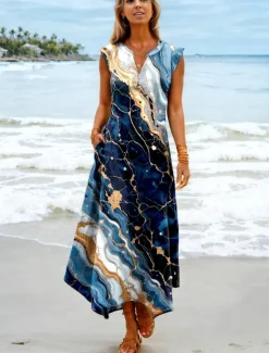 Sale Women's Maxi Dress Sundress Shift Dress Vacation Casual Beach Party Beach Regular Fit Ombre Graphic Abstract Sleeveless V Neck Summer Spring Women Vacation Dresses