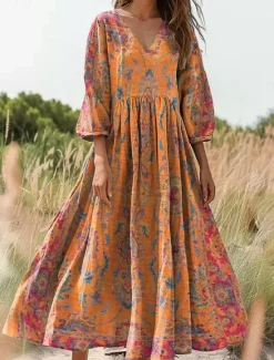 Outlet Women's Maxi Dress Sundress A Line Dress Pleated Dress Vacation Casual Boho Daily Holiday Going out Loose Fit Floral Graphic 3/4 Length Sleeve V Neck Yellow Purple Orange Women Vacation Dresses|Casual Dress