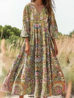 Outlet Women's Maxi Dress Sundress A Line Dress Pleated Dress Vacation Casual Boho Daily Holiday Going out Loose Fit Floral Graphic 3/4 Length Sleeve V Neck Yellow Purple Orange Women Vacation Dresses|Casual Dress