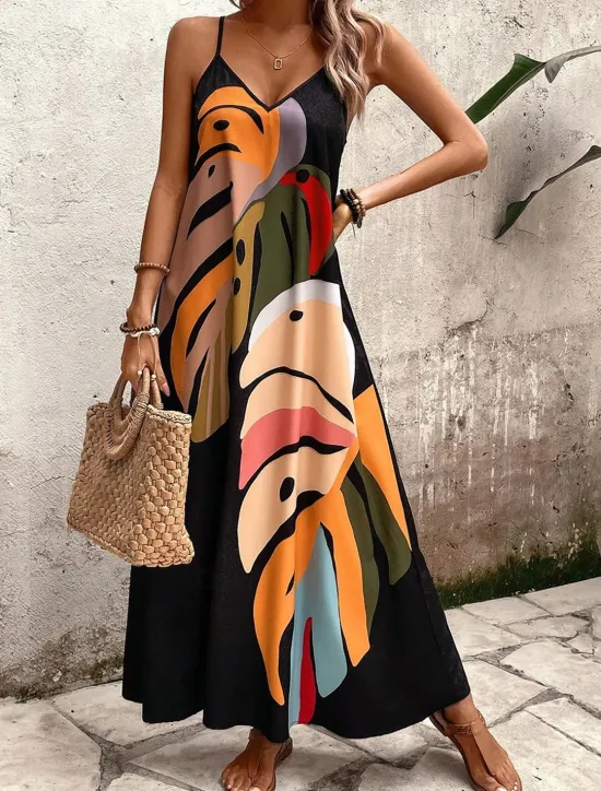 New Women's Maxi Dress Sundress A Line Dress Floral Dress Stylish Flowy Vacation Casual Beach Loose Fit Oil Painting Sleeveless V Neck Summer Women Vacation Dresses