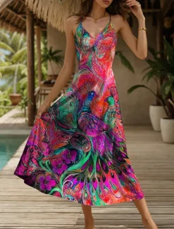 Best Women's Maxi Dress Sundress A Line Dress Slip Dress Vacation Casual Flowy Beach Regular Fit Floral Graphic Animal Sleeveless V Neck Spaghetti Strap Yellow Red Blue Purple Summer Spring Women Vacation Dresses