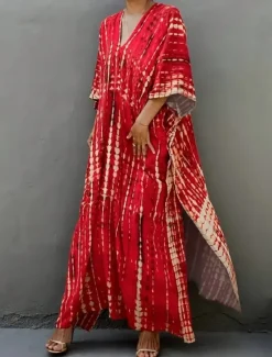 Sale Women's Maxi Dress Sundress Vacation Casual Boho Outdoor Party Going out Regular Fit Geometric 3/4 Length Sleeve V Neck Yellow Red Blue Green Summer Women Vacation Dresses