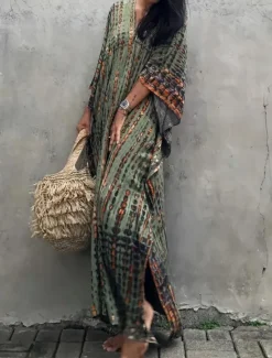 Sale Women's Maxi Dress Sundress Vacation Casual Boho Outdoor Party Going out Regular Fit Geometric 3/4 Length Sleeve V Neck Yellow Red Blue Green Summer Women Vacation Dresses