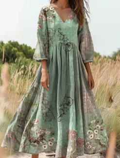 Outlet Women's Maxi Dress Sundress A Line Dress Pleated Dress Vacation Casual Boho Going out Loose Fit Floral Graphic 3/4 Length Sleeve V Neck Green Dark Blue Women Vacation Dresses