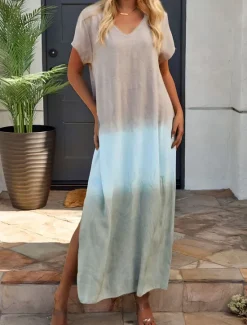 Best Women's Maxi Dress Sundress Summer Dress Vacation Casual Vacation Daily Regular Fit Ombre Graphic Short Sleeve V Neck Yellow Blue Orange Summer Women Casual Dress