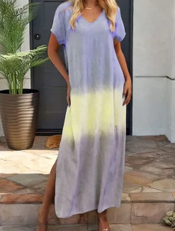 Best Women's Maxi Dress Sundress Summer Dress Vacation Casual Vacation Daily Regular Fit Ombre Graphic Short Sleeve V Neck Yellow Blue Orange Summer Women Casual Dress