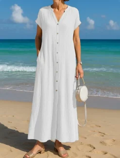 New Women's Maxi Dress Sundress A Line Dress Casual Boho Beach Daily Regular Fit Pure Color Short Sleeve V Neck White Blue Camel Purple Summer Women White Dresses