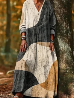 Online Women's Maxi Dress Sundress A Line Dress Vacation Casual Boho Party Holiday Beach Loose Fit Graphic Geometric Abstract Long Sleeve V Neck Dark Brown Dark Red Red Light Brown Spring Fall Women Vacation Dresses