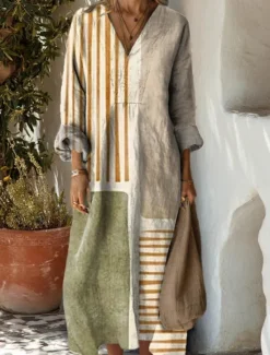 Online Women's Maxi Dress Sundress A Line Dress Vacation Casual Boho Party Holiday Beach Loose Fit Graphic Geometric Abstract Long Sleeve V Neck Dark Brown Dark Red Red Light Brown Spring Fall Women Vacation Dresses