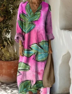 Online Women's Maxi Dress Sundress A Line Dress Vacation Casual Boho Party Holiday Beach Loose Fit Graphic Geometric Abstract Long Sleeve V Neck Dark Brown Dark Red Red Light Brown Spring Fall Women Vacation Dresses