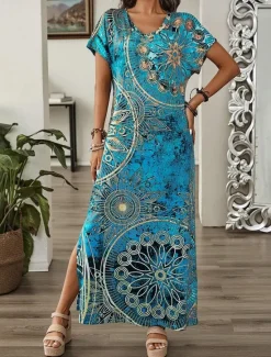 Outlet Women's Maxi Dress Sundress Shift Dress A Line Dress Casual Drop Shoulder Daily Loose Fit Graphic Short Sleeve V Neck Blue Green Summer Women T Shirt Dresses