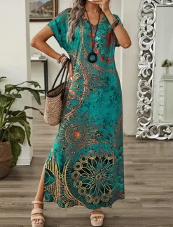 Outlet Women's Maxi Dress Sundress Shift Dress A Line Dress Casual Drop Shoulder Daily Loose Fit Graphic Short Sleeve V Neck Blue Green Summer Women T Shirt Dresses