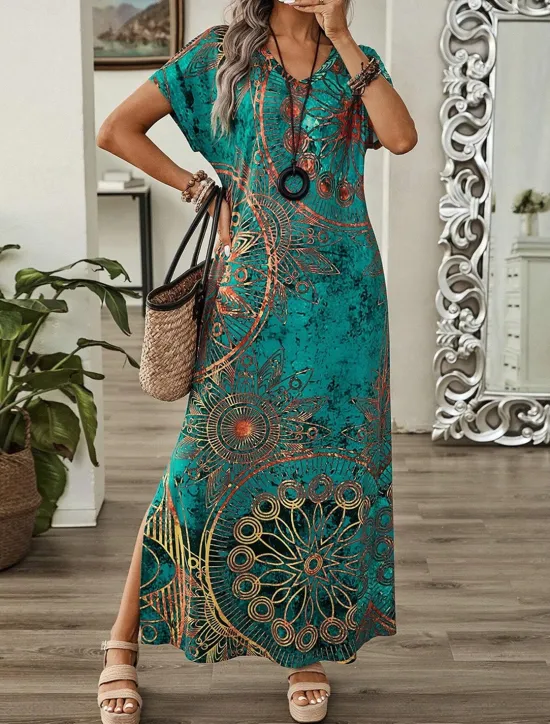 Outlet Women's Maxi Dress Sundress Shift Dress A Line Dress Casual Drop Shoulder Daily Loose Fit Graphic Short Sleeve V Neck Blue Green Summer Women T Shirt Dresses