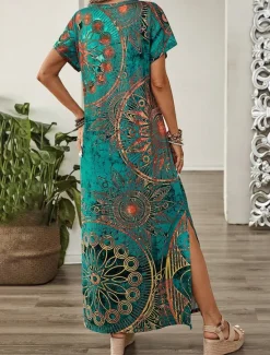 Outlet Women's Maxi Dress Sundress Shift Dress A Line Dress Casual Drop Shoulder Daily Loose Fit Graphic Short Sleeve V Neck Blue Green Summer Women T Shirt Dresses