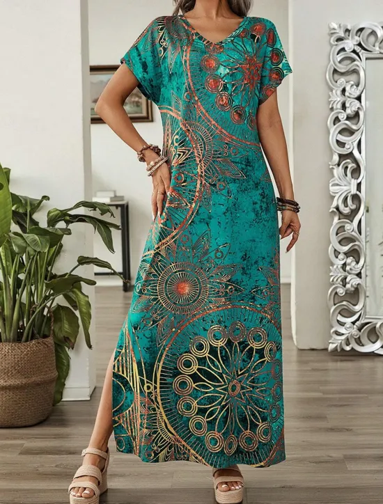 Outlet Women's Maxi Dress Sundress Shift Dress A Line Dress Casual Drop Shoulder Daily Loose Fit Graphic Short Sleeve V Neck Blue Green Summer Women T Shirt Dresses