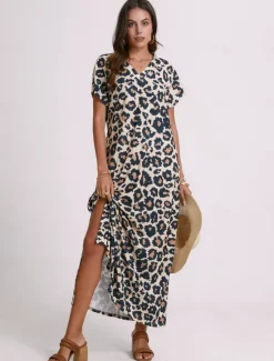 New Women's Maxi Dress Sundress Shift Dress Summer Dress Streetwear Sexy Drop Shoulder Vacation Party Holiday Regular Fit Leopard Short Sleeve V Neck Pink Blue Khaki Summer Spring Women Spring Dresses|T Shirt Dresses