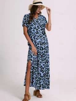 New Women's Maxi Dress Sundress Shift Dress Summer Dress Streetwear Sexy Drop Shoulder Vacation Party Holiday Regular Fit Leopard Short Sleeve V Neck Pink Blue Khaki Summer Spring Women Spring Dresses|T Shirt Dresses