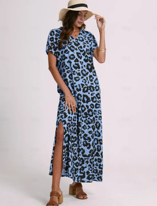 New Women's Maxi Dress Sundress Shift Dress Summer Dress Streetwear Sexy Drop Shoulder Vacation Party Holiday Regular Fit Leopard Short Sleeve V Neck Pink Blue Khaki Summer Spring Women Spring Dresses|T Shirt Dresses