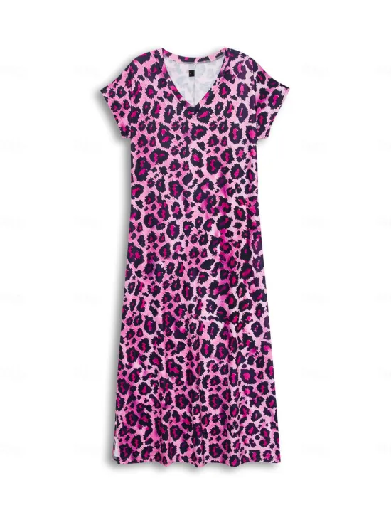 New Women's Maxi Dress Sundress Shift Dress Summer Dress Streetwear Sexy Drop Shoulder Vacation Party Holiday Regular Fit Leopard Short Sleeve V Neck Pink Blue Khaki Summer Spring Women Spring Dresses|T Shirt Dresses