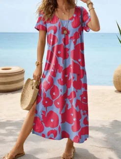 Sale Women's Maxi Dress Sundress Shift Dress Summer Dress Vintage Ethnic Vacation Casual Holiday Regular Fit Floral Short Sleeve Crew Neck Summer Women Spring Dresses|T Shirt Dresses
