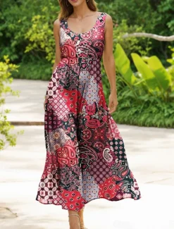 Best Women's Maxi Dress Sundress A Line Dress Slip Dress Pleated Dress Vacation Casual Boho Beach Regular Fit Graphic Vintage Bohemian Sleeveless U Neck Scoop Neck Red Blue Purple Orange Summer Spring Women Vacation Dresses