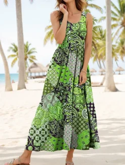 Best Women's Maxi Dress Sundress A Line Dress Slip Dress Pleated Dress Vacation Casual Boho Beach Regular Fit Graphic Vintage Bohemian Sleeveless U Neck Scoop Neck Red Blue Purple Orange Summer Spring Women Vacation Dresses