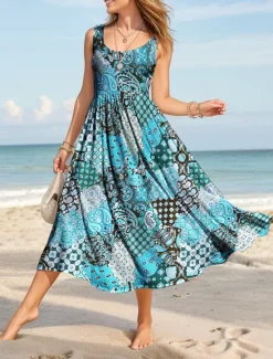Best Women's Maxi Dress Sundress A Line Dress Slip Dress Pleated Dress Vacation Casual Boho Beach Regular Fit Graphic Vintage Bohemian Sleeveless U Neck Scoop Neck Red Blue Purple Orange Summer Spring Women Vacation Dresses