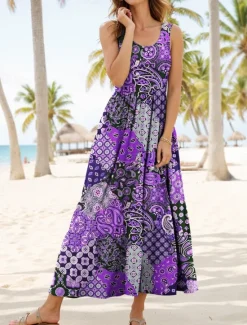 Best Women's Maxi Dress Sundress A Line Dress Slip Dress Pleated Dress Vacation Casual Boho Beach Regular Fit Graphic Vintage Bohemian Sleeveless U Neck Scoop Neck Red Blue Purple Orange Summer Spring Women Vacation Dresses