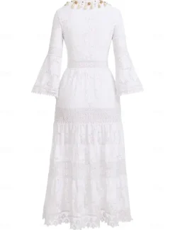 Discount Women's Maxi Dress Sundress A Line Dress Vacation Party Birthday Party Going out Beach Solid Color 3/4 Length Sleeve V Neck White Apricot Women Floral Dresses