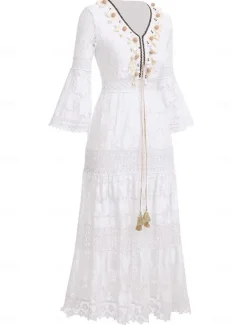 Discount Women's Maxi Dress Sundress A Line Dress Vacation Party Birthday Party Going out Beach Solid Color 3/4 Length Sleeve V Neck White Apricot Women Floral Dresses