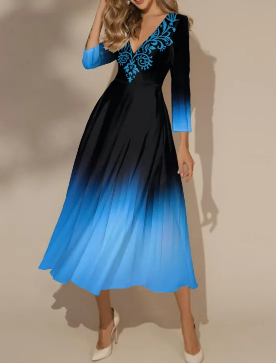 Sale Women's Maxi Dress Swing Dress Semi Formal Dress Floral Dress Print Dress Fashion Streetwear Modern Formal Outdoor Vacation Regular Fit Ombre 3/4 Length Sleeve V Neck Pink Blue Orange Women Cocktail Dress