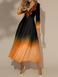 Sale Women's Maxi Dress Swing Dress Semi Formal Dress Floral Dress Print Dress Fashion Streetwear Modern Formal Outdoor Vacation Regular Fit Ombre 3/4 Length Sleeve V Neck Pink Blue Orange Women Cocktail Dress