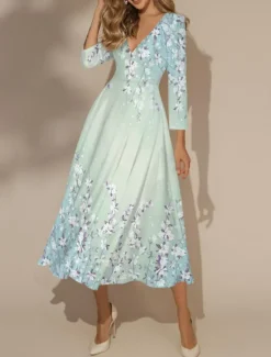 Sale Women's Maxi Dress Swing Dress Semi Formal Dress Floral Dress Print Dress Fashion Streetwear Modern Formal Outdoor Vacation Regular Fit Floral 3/4 Length Sleeve V Neck Yellow Pink Blue Women Spring Dresses|Cocktail Dress