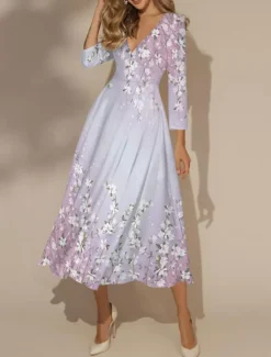 Sale Women's Maxi Dress Swing Dress Semi Formal Dress Floral Dress Print Dress Fashion Streetwear Modern Formal Outdoor Vacation Regular Fit Floral 3/4 Length Sleeve V Neck Yellow Pink Blue Women Spring Dresses|Cocktail Dress