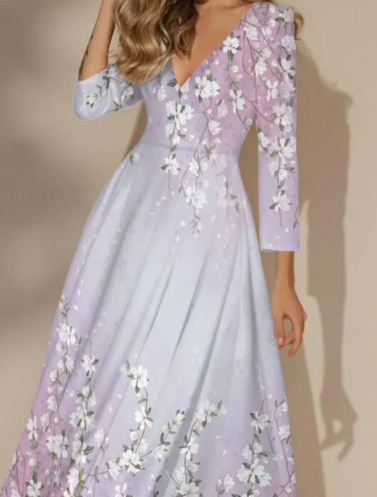 Sale Women's Maxi Dress Swing Dress Semi Formal Dress Floral Dress Print Dress Fashion Streetwear Modern Formal Outdoor Vacation Regular Fit Floral 3/4 Length Sleeve V Neck Yellow Pink Blue Women Spring Dresses|Cocktail Dress