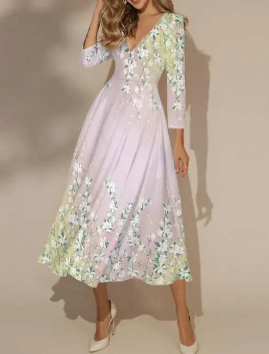 Sale Women's Maxi Dress Swing Dress Semi Formal Dress Floral Dress Print Dress Fashion Streetwear Modern Formal Outdoor Vacation Regular Fit Floral 3/4 Length Sleeve V Neck Yellow Pink Blue Women Spring Dresses|Cocktail Dress