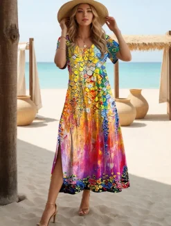 Hot Women's Maxi Dress T Shirt Dress Tee Dress Sundress Shift Dress Summer Dress Elegant Bohemia Tropical Vacation Party Holiday Regular Fit Ombre Graphic Short Sleeve Crew Neck Summer Women T Shirt Dresses
