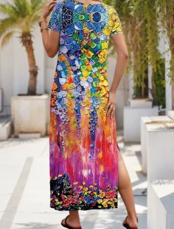 Hot Women's Maxi Dress T Shirt Dress Tee Dress Sundress Shift Dress Summer Dress Elegant Bohemia Tropical Vacation Party Holiday Regular Fit Ombre Graphic Short Sleeve Crew Neck Summer Women T Shirt Dresses