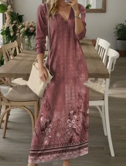 Discount Women's Maxi Dress T Shirt Dress Tee Dress Casual Outdoor Daily Holiday Regular Fit Floral Long Sleeve V Neck Black Pink Blue Khaki Summer Women T Shirt Dresses