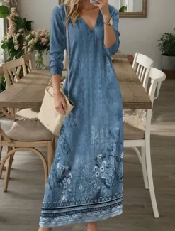 Discount Women's Maxi Dress T Shirt Dress Tee Dress Casual Outdoor Daily Holiday Regular Fit Floral Long Sleeve V Neck Black Pink Blue Khaki Summer Women T Shirt Dresses