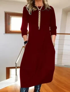 Women's Maxi Dress T Shirt Dress Tee Dress Stylish Casual Vacation Daily Regular Fit Plain Long Sleeve Crew Neck Black White Red Navy Blue Spring Fall Women White Dresses