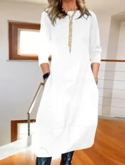 Women's Maxi Dress T Shirt Dress Tee Dress Stylish Casual Vacation Daily Regular Fit Plain Long Sleeve Crew Neck Black White Red Navy Blue Spring Fall Women White Dresses